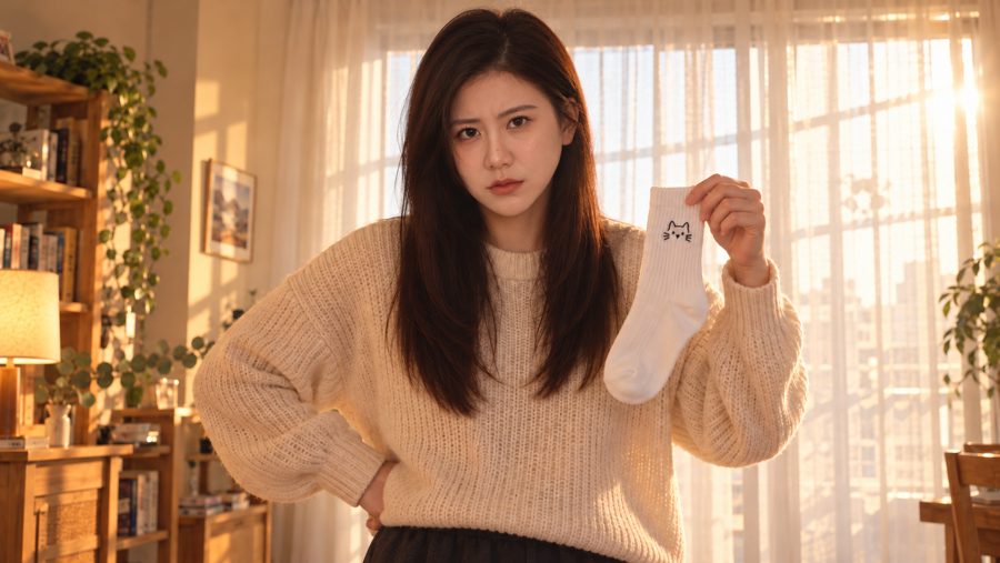 She holds up a single white sock