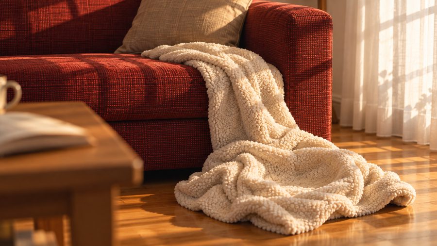 A cream blanket slipping off the red sofa