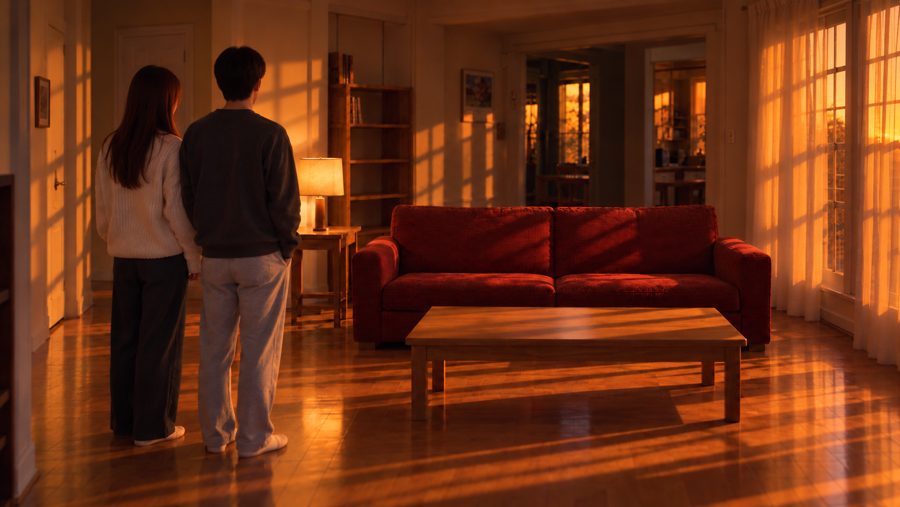 The two of them facing an empty, tidy living room